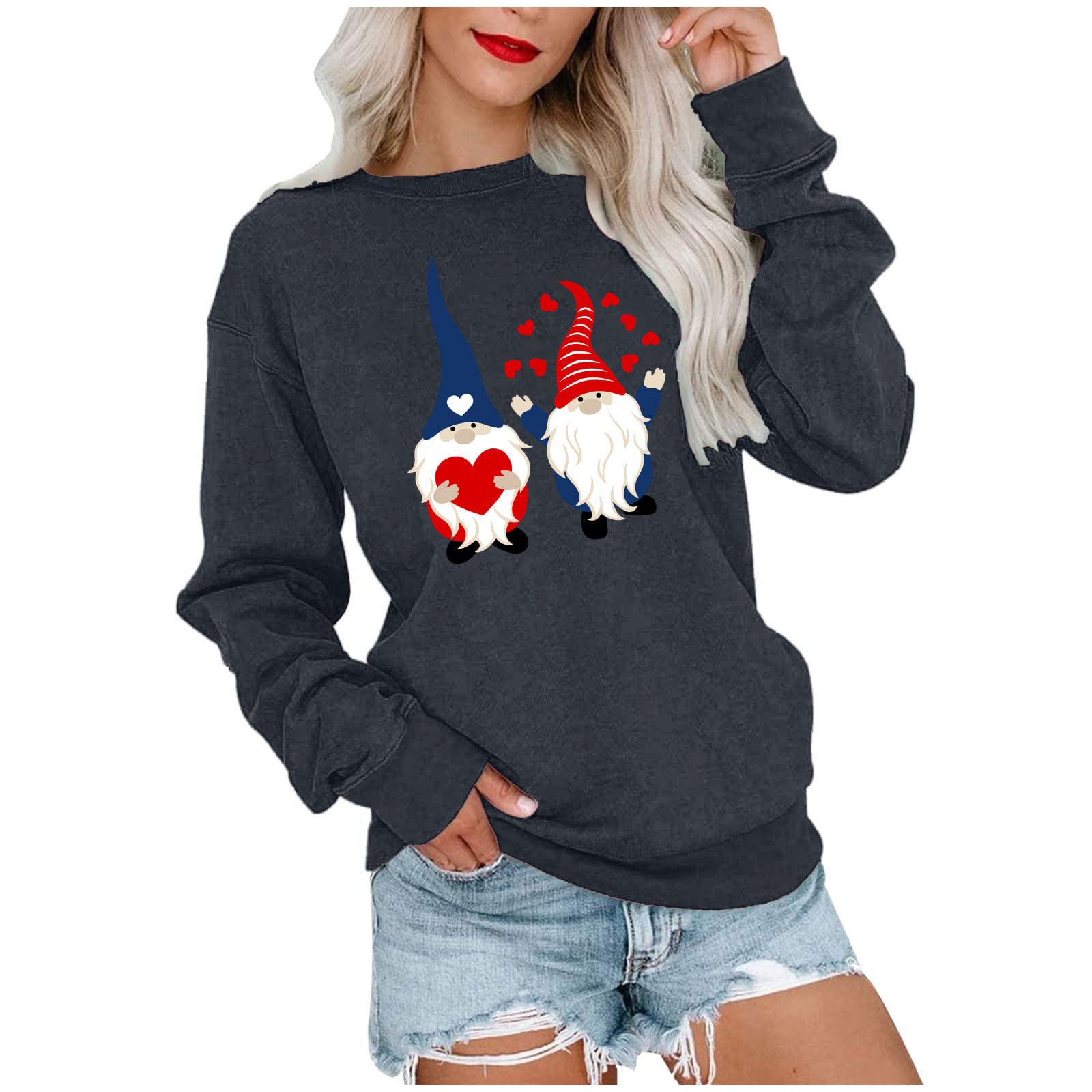 TawopValentine's Day Top for Women Long Sleeve Love Gnomes Graphic Shirt Blouse Long Sleeve Crewneck Sweatshirt Tshirts