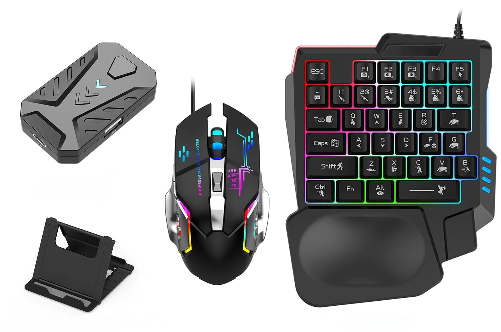 XAVION 4 in 1 Mobile Game Combo Pack Pro with RGB Mini Gaming Keyboard & Mouse with Side Button, Gaming Adapter with Mobile Game Converter for Android