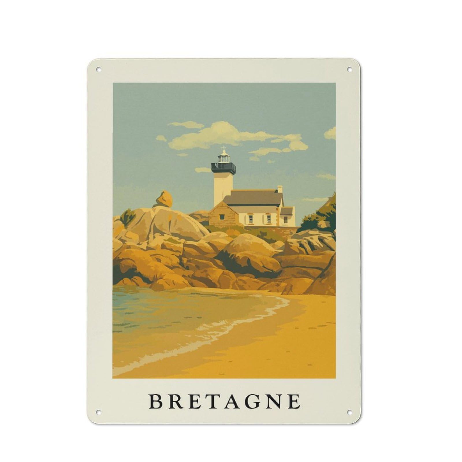 Junmoney Style-7 Tin Wall Plaque 40X30cm With Bretagne Lighthouse Coastal Scene Art Print For Café Or Restaurant, Housewarming Present For People Styling Café And Restaurant