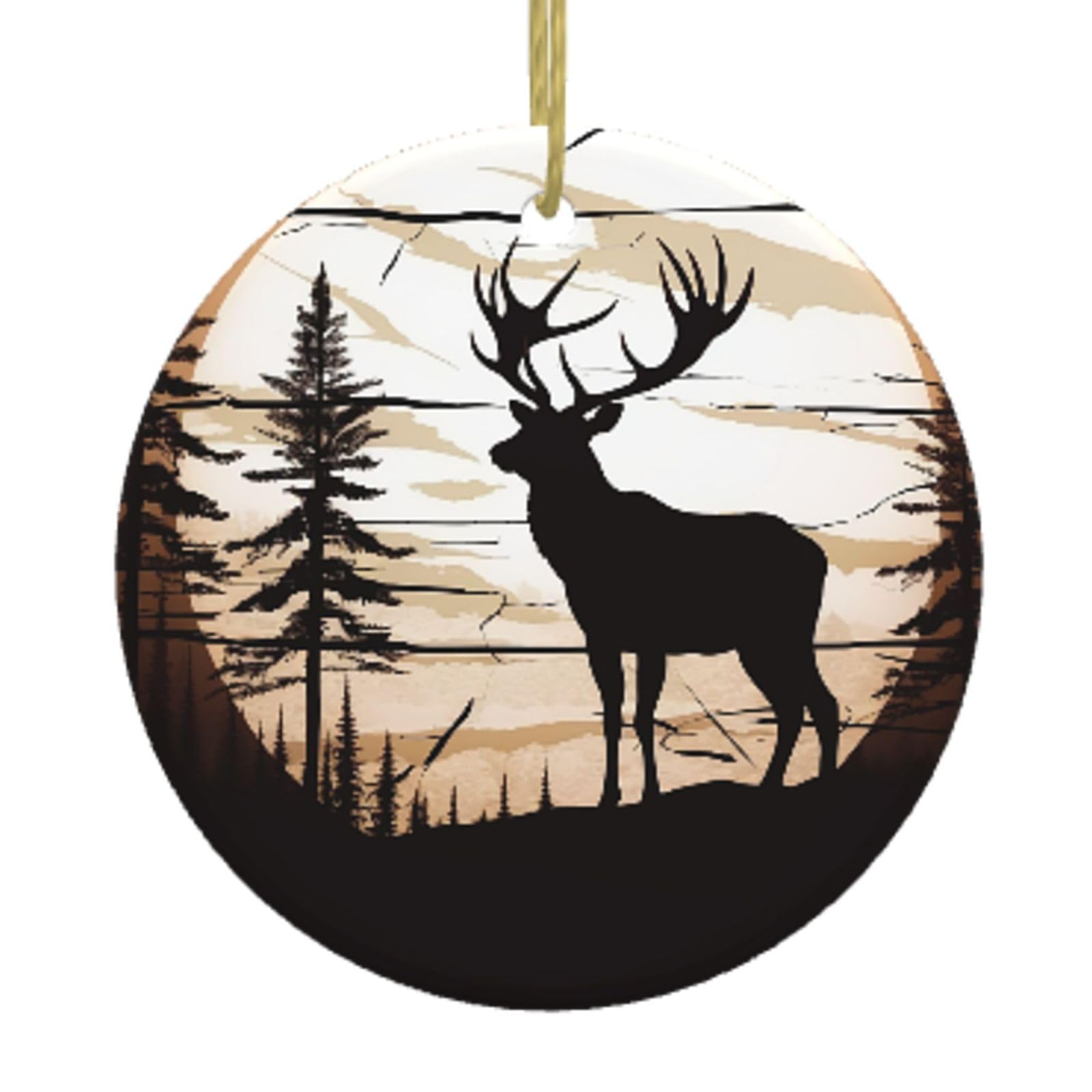 Ceramic Christmas Tree Hanging Ornaments with Gold Ropes Christmas Tree Decorations Round Ceramic Wild Elk Silhouette Pendant Keepsake Decorations for Holiday Xmas Gift Ideas