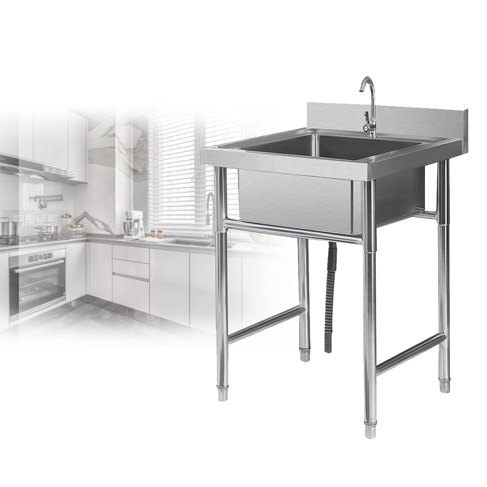 ZQFHSX 304 Stainless Steel Sink for Washing with Faucet Commercial Hand Basin - Utility Restaurant, Kitchen, Bar, Outdoor