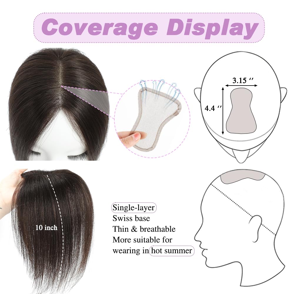 Lagomance 100% Real Human Hair Topper for Women Human Hair Pieces for Women 10 inch Dark Brown Hair Hoppers Swiss Base Hairpieces for Thinning Hair#2 - Image 3