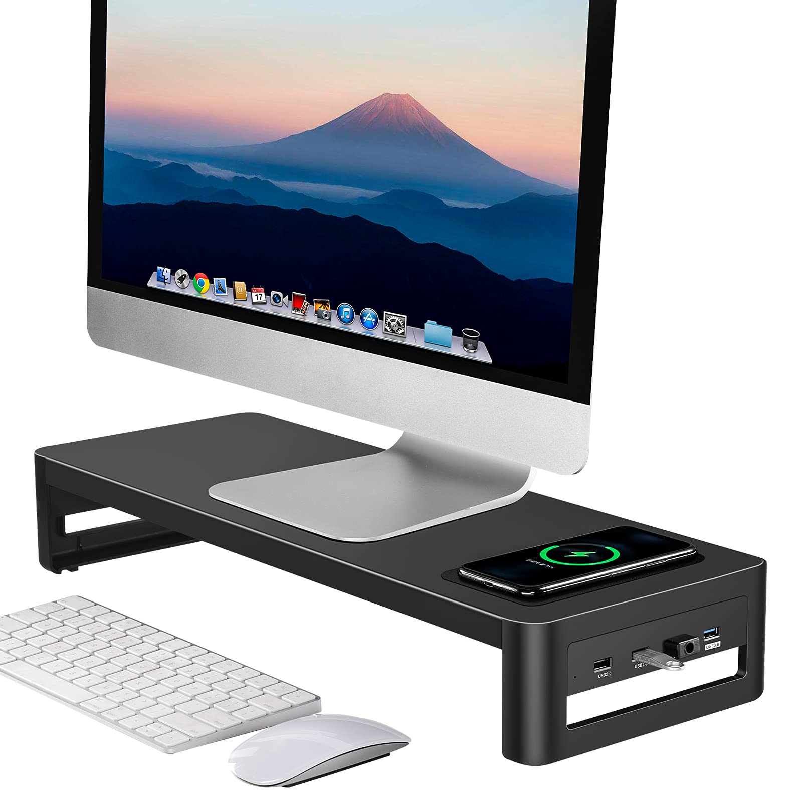 Photo 1 of ENUSUNG Monitor Stand with Wireless Charging and USB 3.0/2.0 Ports, Steel Monitor Riser for Desk, Metal Computer Stand for Office, Desktop, Laptop, PC, iMac up to 32 Inches (Black) Single Monitor-Wireless charging Version