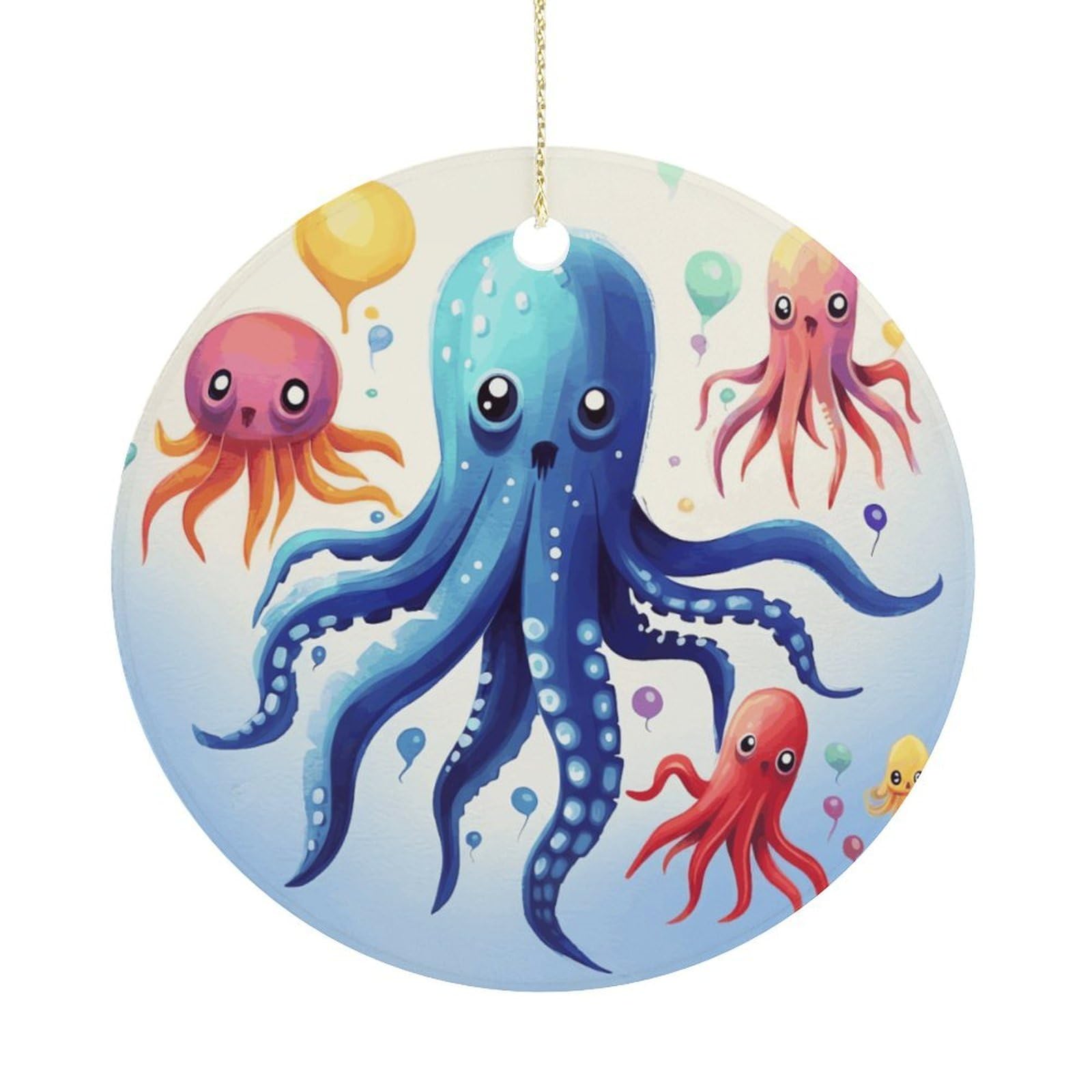 Colorful Squid Octopus Christmas Ornaments Colorful Round Ceramic Ornament Christmas Hanging Decor Christmas Tree Decorations Xmas Keepsake for Women Men Xmas Holiday Party