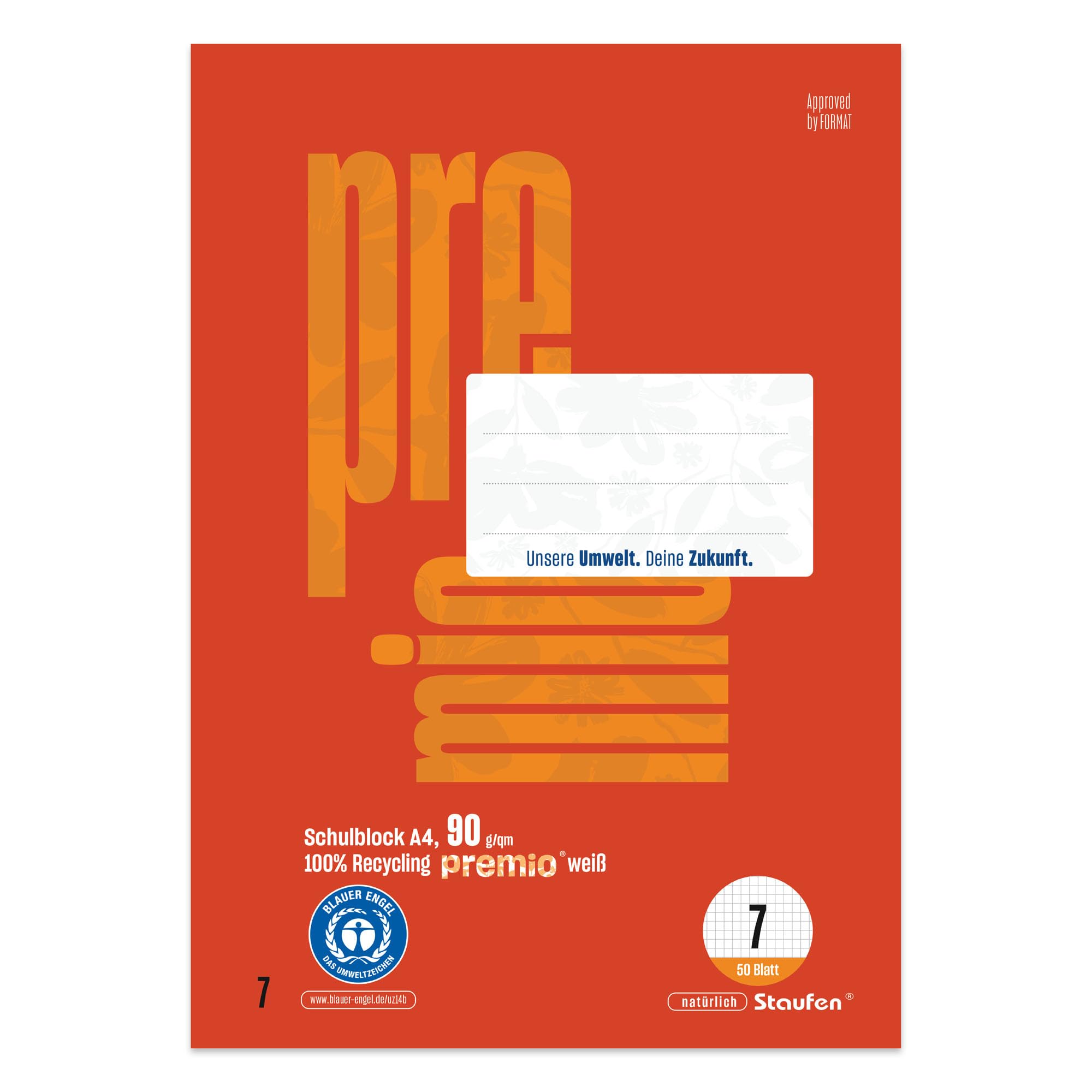 Staufen premio Schulblock - 5 Blöcke je 50 Blatt, DIN A4, Lineatur 7 (7 mm kariert), 4-fach Lochung, 90 g/m² Recyclingpapier