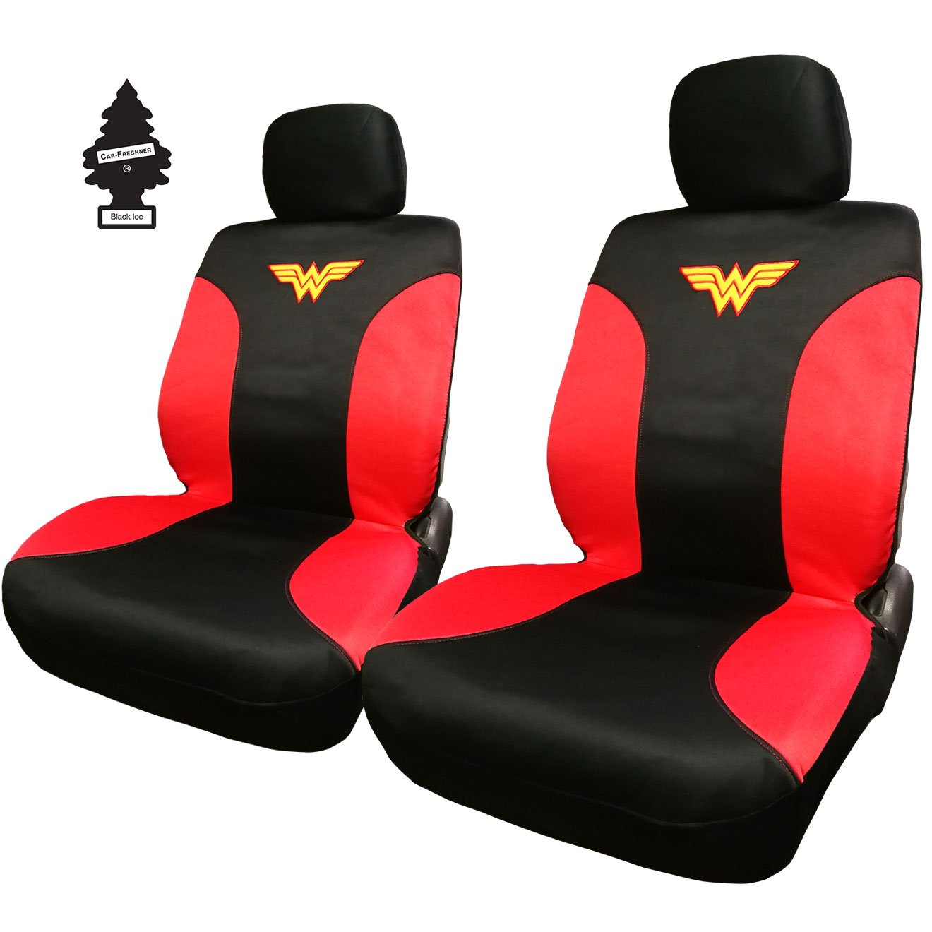 Yupbizauto Pair of New DC Comic Wonder Woman Sideless Neoprene Waterproof Car Seat Covers from BDK Bundle with Air Freshener