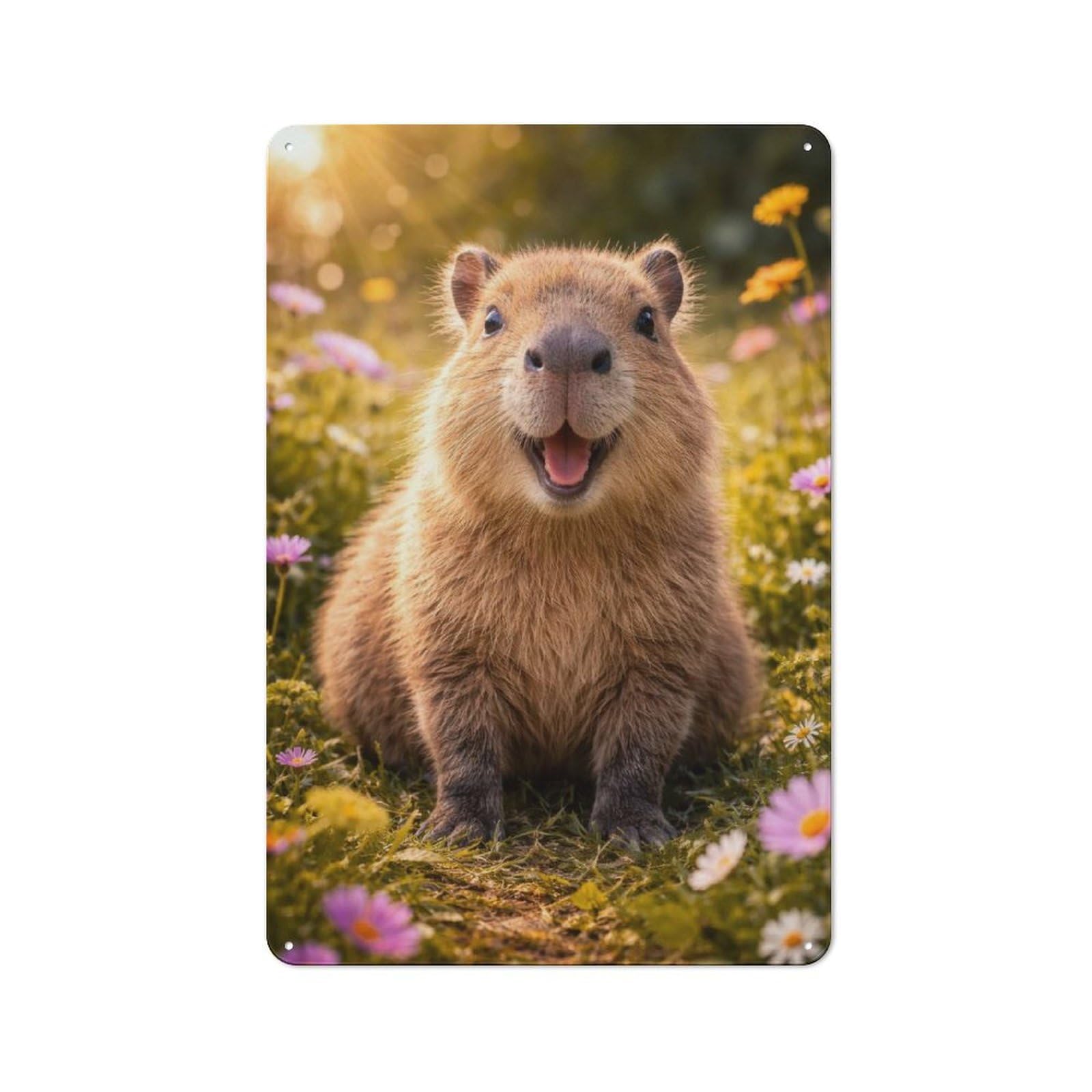 Junmoney Style-24 Character Decorative Tin Plaque 30X20cm Featuring Happy Capybara In A Field Of Flowers, Home Wall Decor For Flat, Dorm Room, Lounge Or Cafe