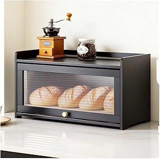 Bread Box, Bread Box for Kitchen Countertop, Large Capacity Bread Storage Container, with Acrylic Door, Bamboo Shelves, for Kitchen, Dining Room, Bakery,Black,4