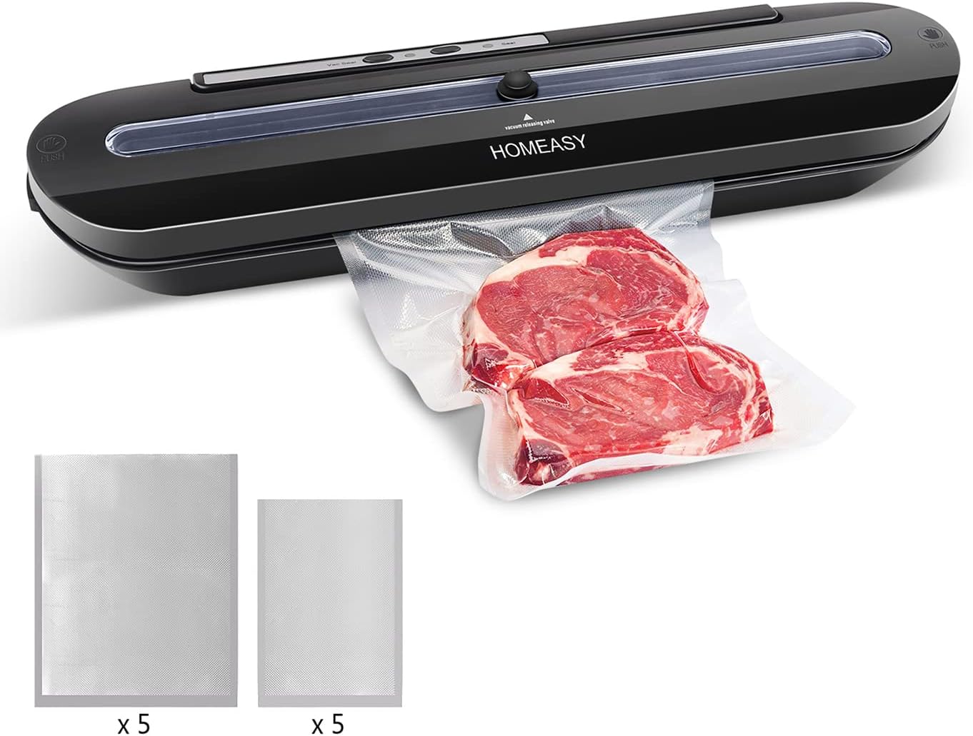 Vacuum Sealer, HOMEASY Vacuum Food Bag Sealer One-Touch Sealing for Dry Food Vacuum Sealer Machine with 10Pcs BPA-Free Seal Bags (Black)