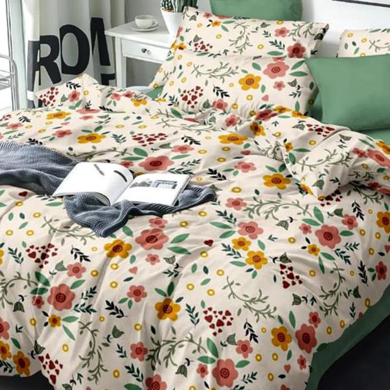 Image of Polycotton Single Bed Bedsheet, Flat Sheet with 1 Pillow Cover, Queen (60x90 inch), 300 TC, Yellow & Cream, Set of 2