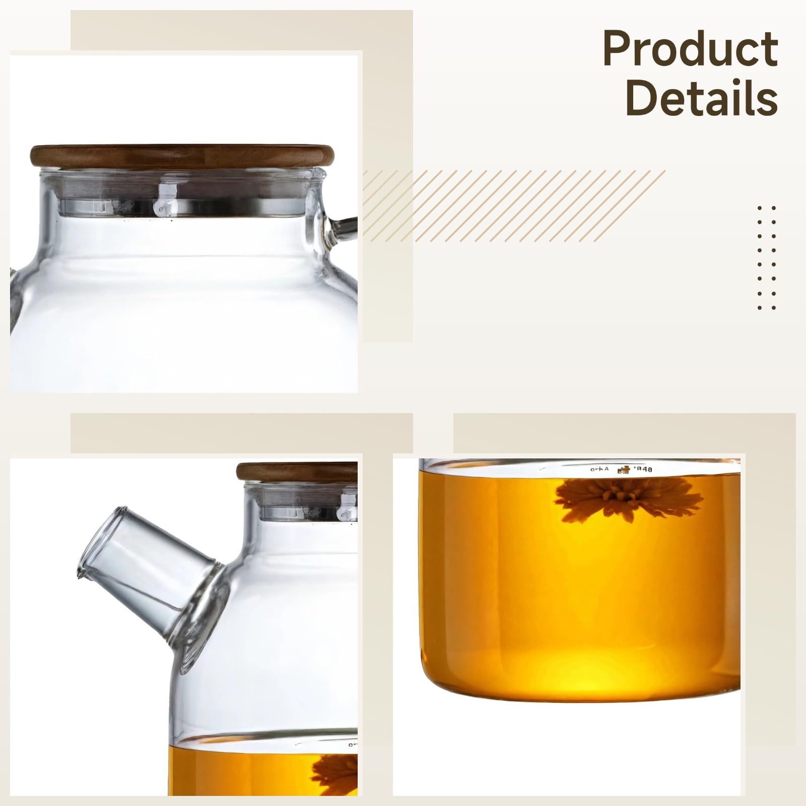 1800 ml Glaskanne mit Edelstahldeckel, hitzebeständiges Borosilikatglas, schmaler Ausguss für leichtes Einschenken, transparent für Teebeobachtung, für Tee, Saft und kaltes Wasser