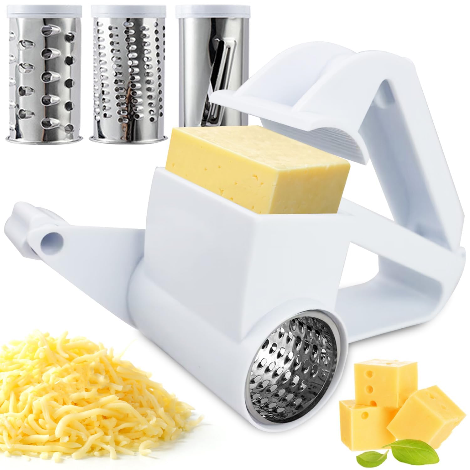BIGTHREE® Rotary Cheese Grater, Kitchen Rotary Grater with Handle, with 3 Stainless Steel Drum Blades, Fruit/Cheese Slicer, Kitchen Manual Handheld Mechanical Grater for Cheese Fruits and Vegetable
