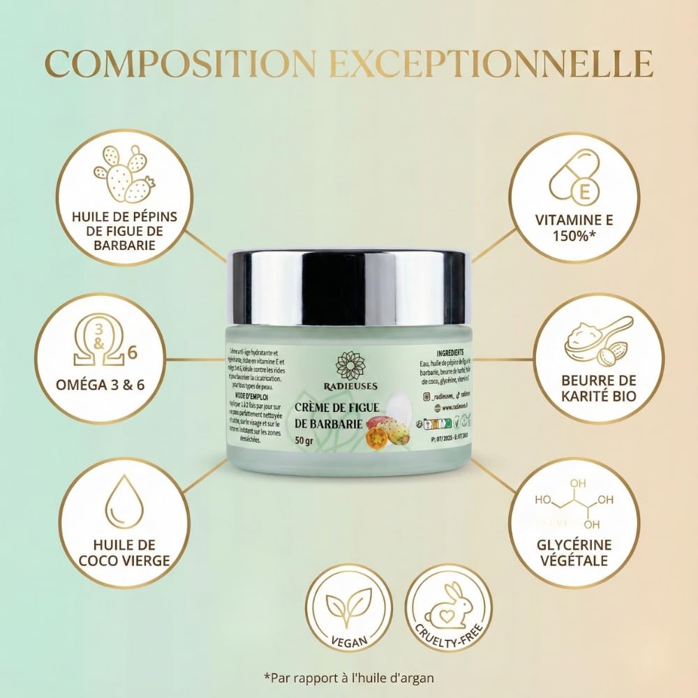 Crème Figue de Barbarie 50g Visage | Anti-Âge Hydratante Naturelle | Huile Pépins Pressée Froid | Vitamine E Oméga 3-6 | Karité Coco | Rides Cicatrisation | CertifiéE NATURELLE Vegan | Radieuses