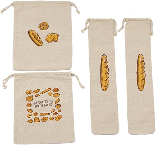 Bolsas de pan de lino 2 bolsas grandes y 2 extra grandes reutilizables para almacenamiento de pan Bolsas de cordón sin blanquear para panes