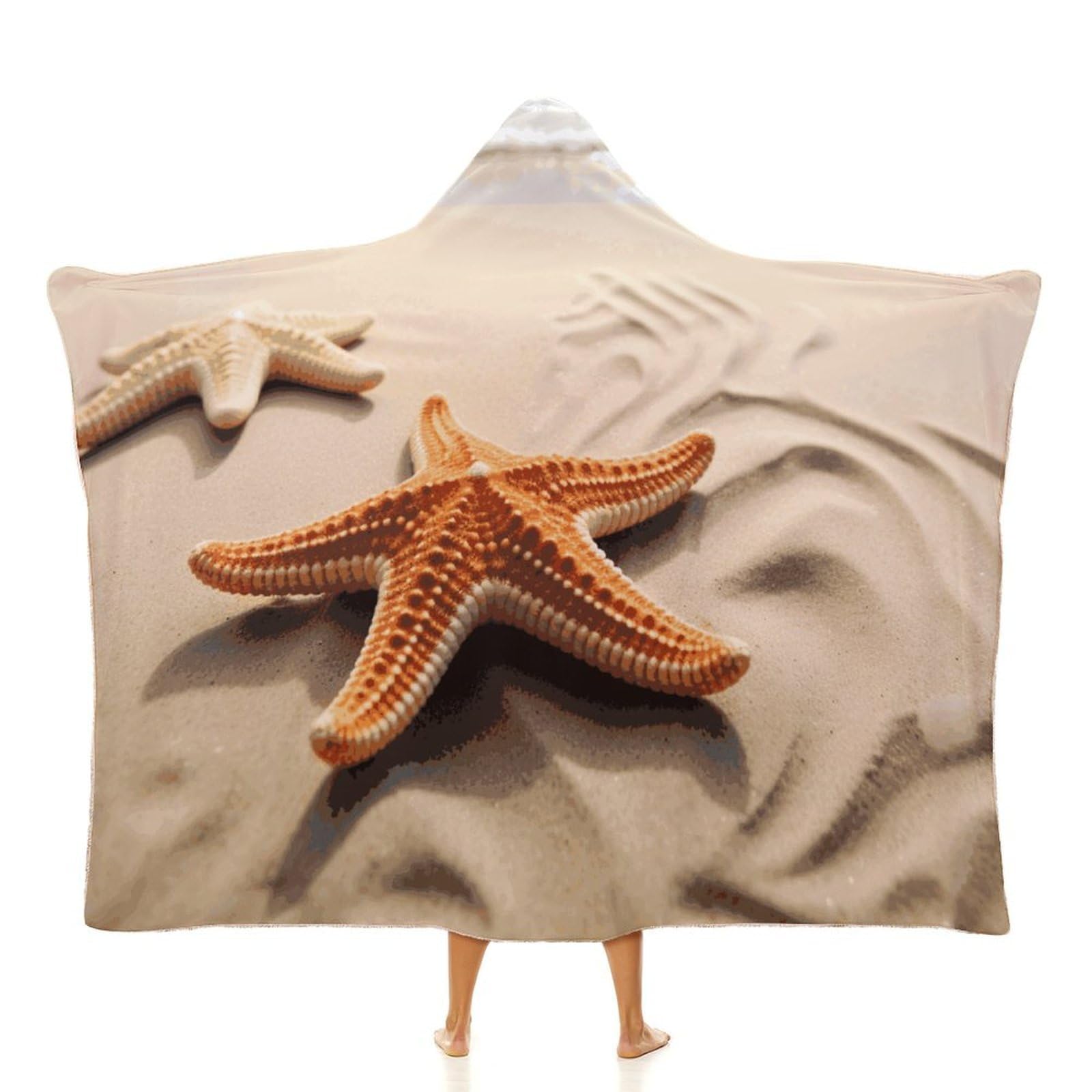 Starfish on The Sand Beach Landscape Hooded Blanket Soft Wearable Blankets Cozy Hoodie Throw Cloak Wrap Poncho Cape Blanket 60"x80"