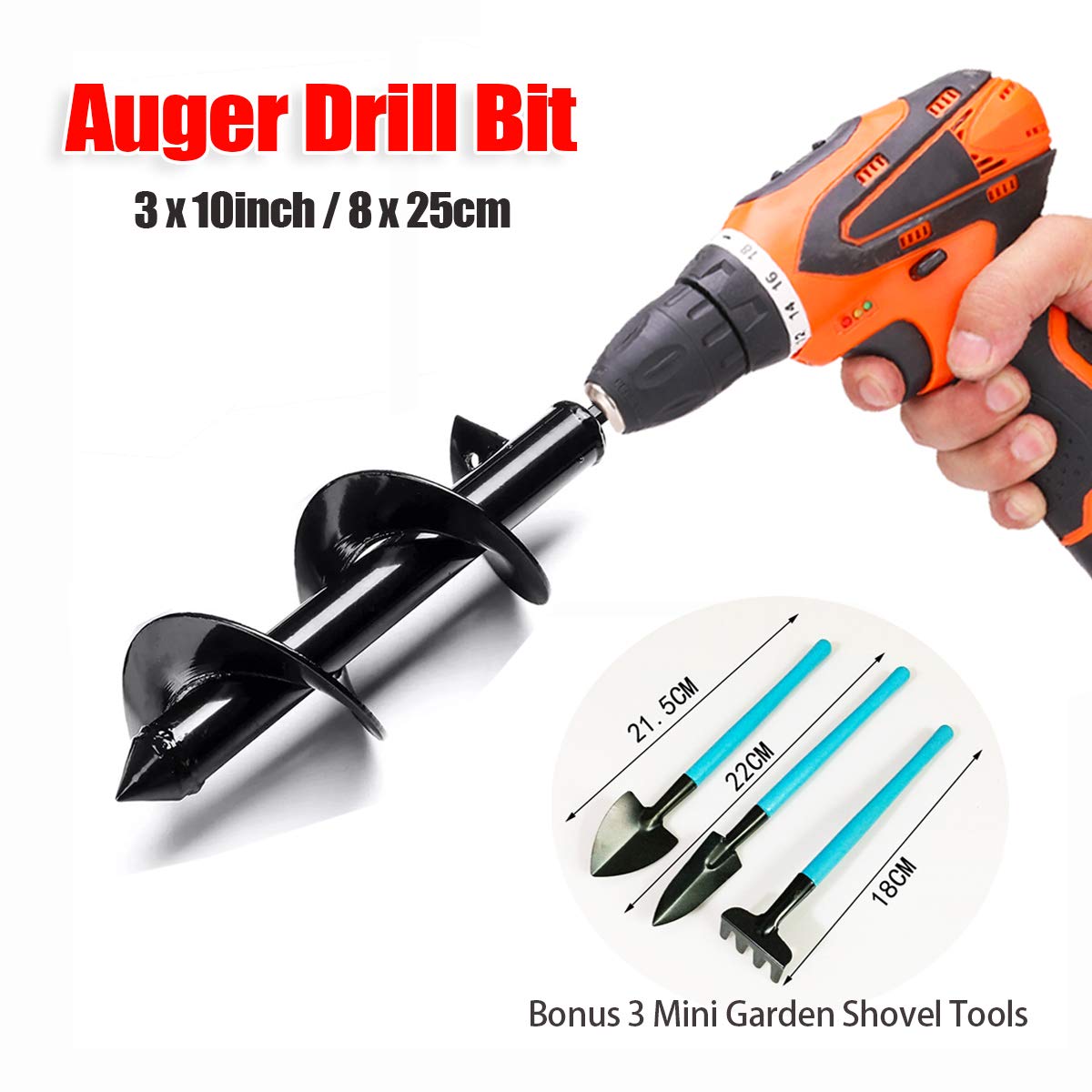 Garden Auger Spiral Drill Bit for Planting Bedding Bulbs Seedlings, Black Solid Steel Earth Auger Bit 3" x 10", Post Ice Fishing Umbrella Hole Digger for 3/8 inch Hex Drive Drill Mix Till