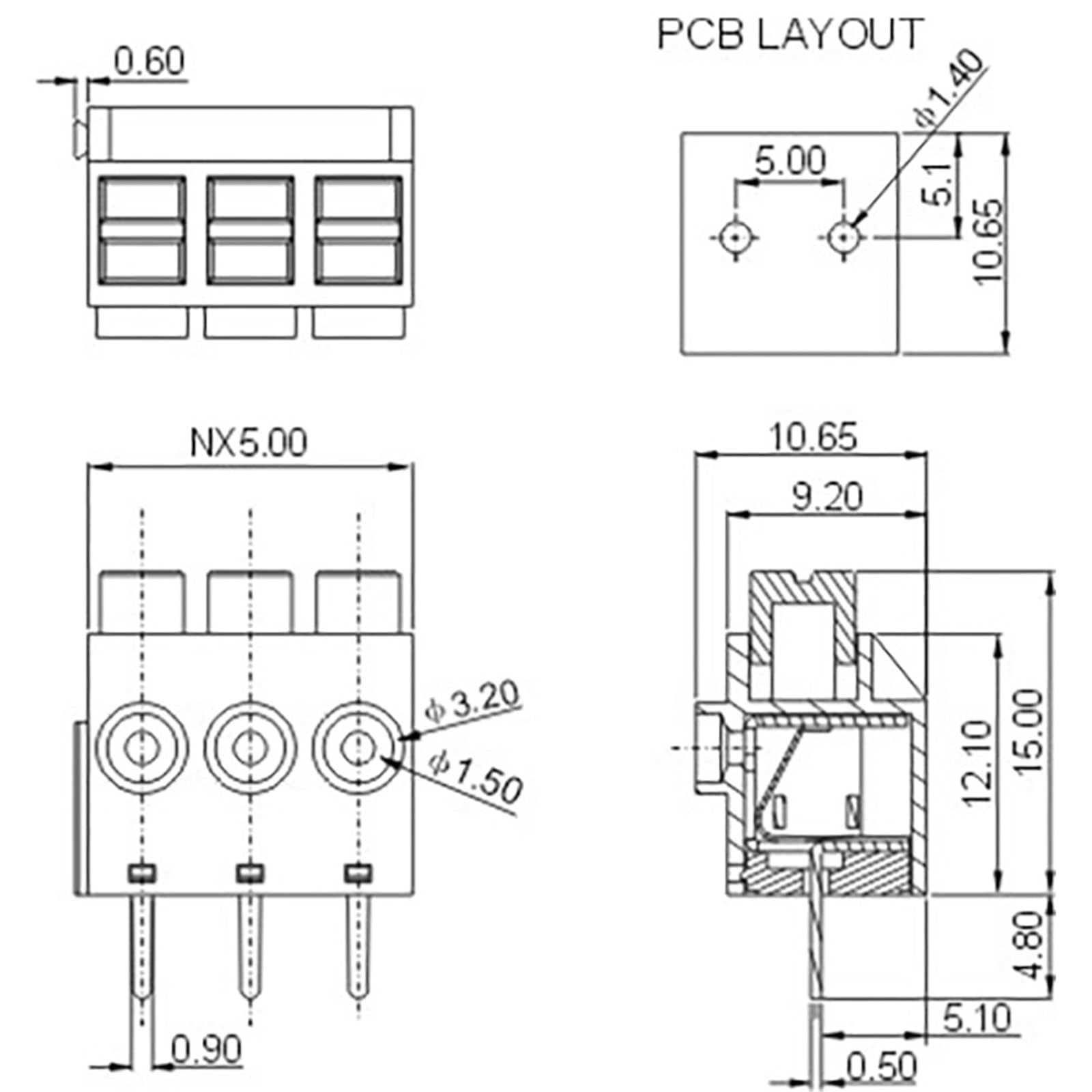 DG390 KF390 5,0 mm Federklemmenblock 2P 3P Blau 50 Stk