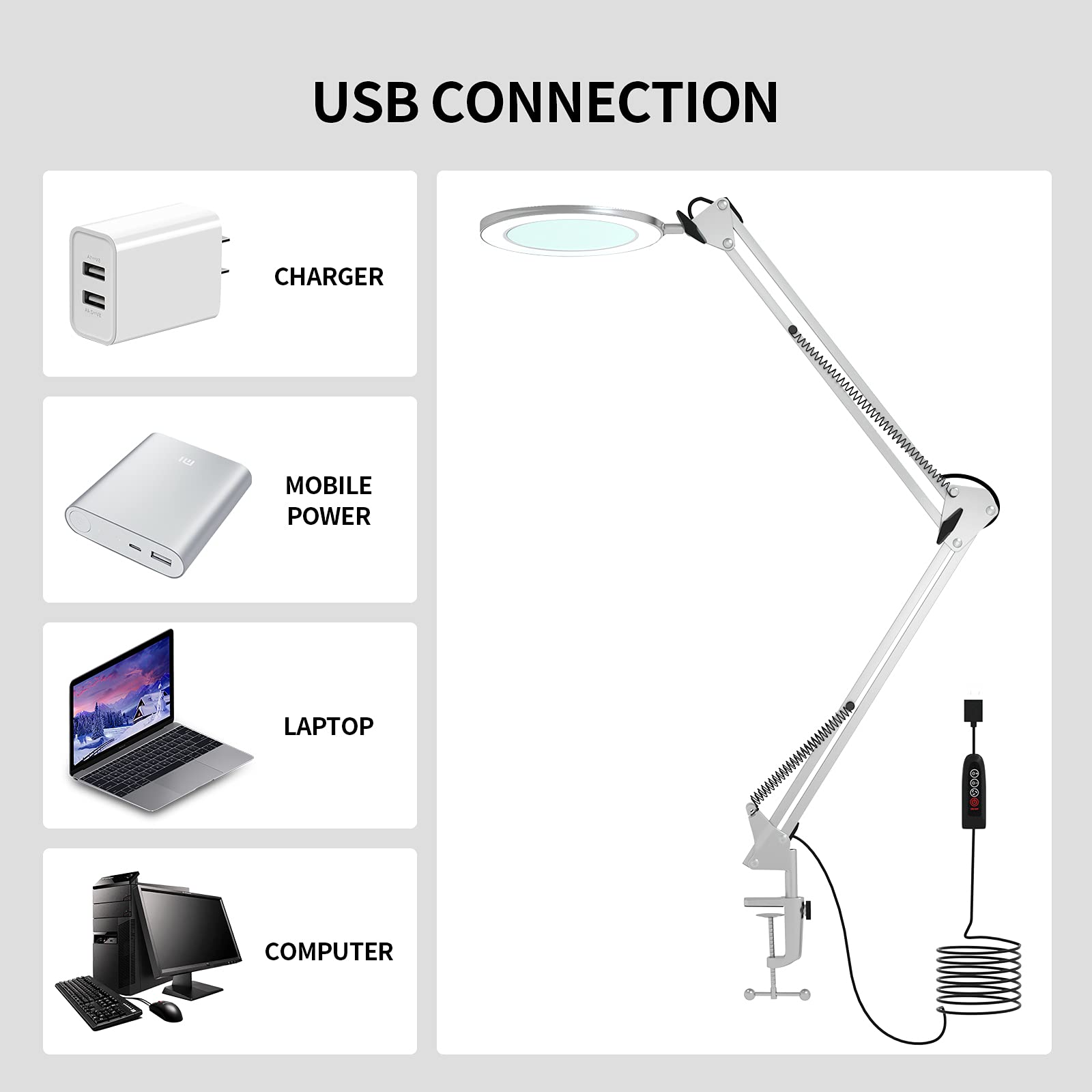 Lampe loupe / 105 mm 5 dioptries en Verre véritable / 3 Modes de Couleur / 10 Niveaux d'intensité / 750 LM avec 72 LED/Rayon de Travail 90 cm (argenté)