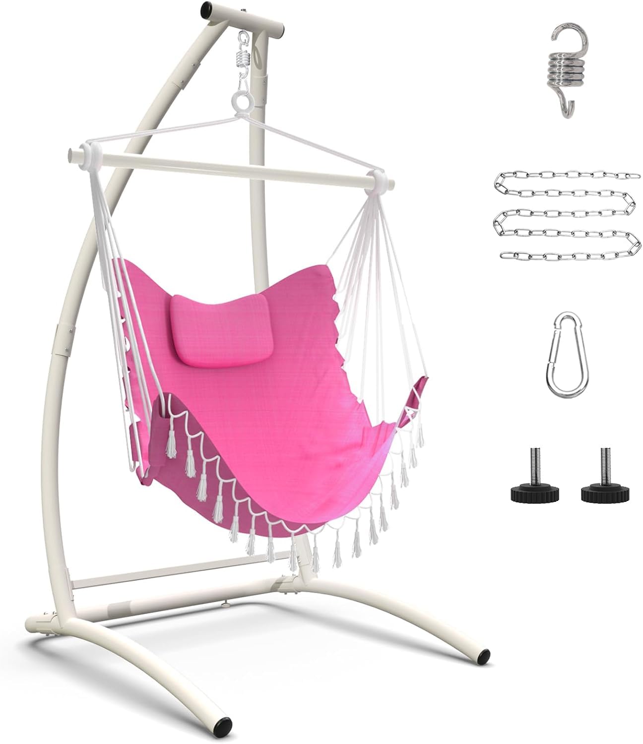 C Type Hammock Chair with Stand, Swing Chair with Neck Pillow, Hammock Stand for Balcony, Patio and Deck, Maximum Weight 300 lbs. (Pink)