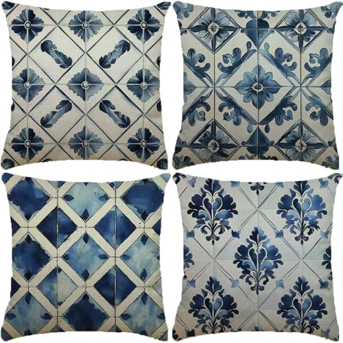 Funda Cojin azul Paquete de 4 75x75cm Bohemia Cojines para Sofa Fundas de Cojín Cuadradas Fundas de cojín de Lino con de dos Caras Estampado para Sofá Sala de Estar Dormitorio Festival Regalo XW-166