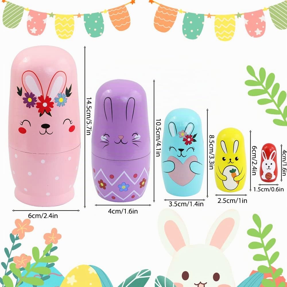 Lot de 5 poupées gigognes de Lapin en Bois, Lapin Animal de Dessin animé avec Carotte matriochka poupées Russes Jouet empilable pour Enfants Cadeau d'anniversaire Pâques