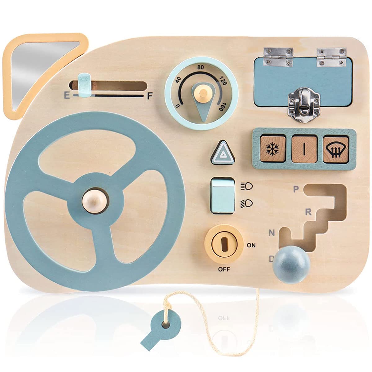 DRBIT Busy Board Wooden Dashboard Steering Wheel Pretend Play Driving Toy Kids Montessori Toy Multifunctional Interactive Cognition Toy Baby Sensory Board for Girl Boy Children Kid Gift