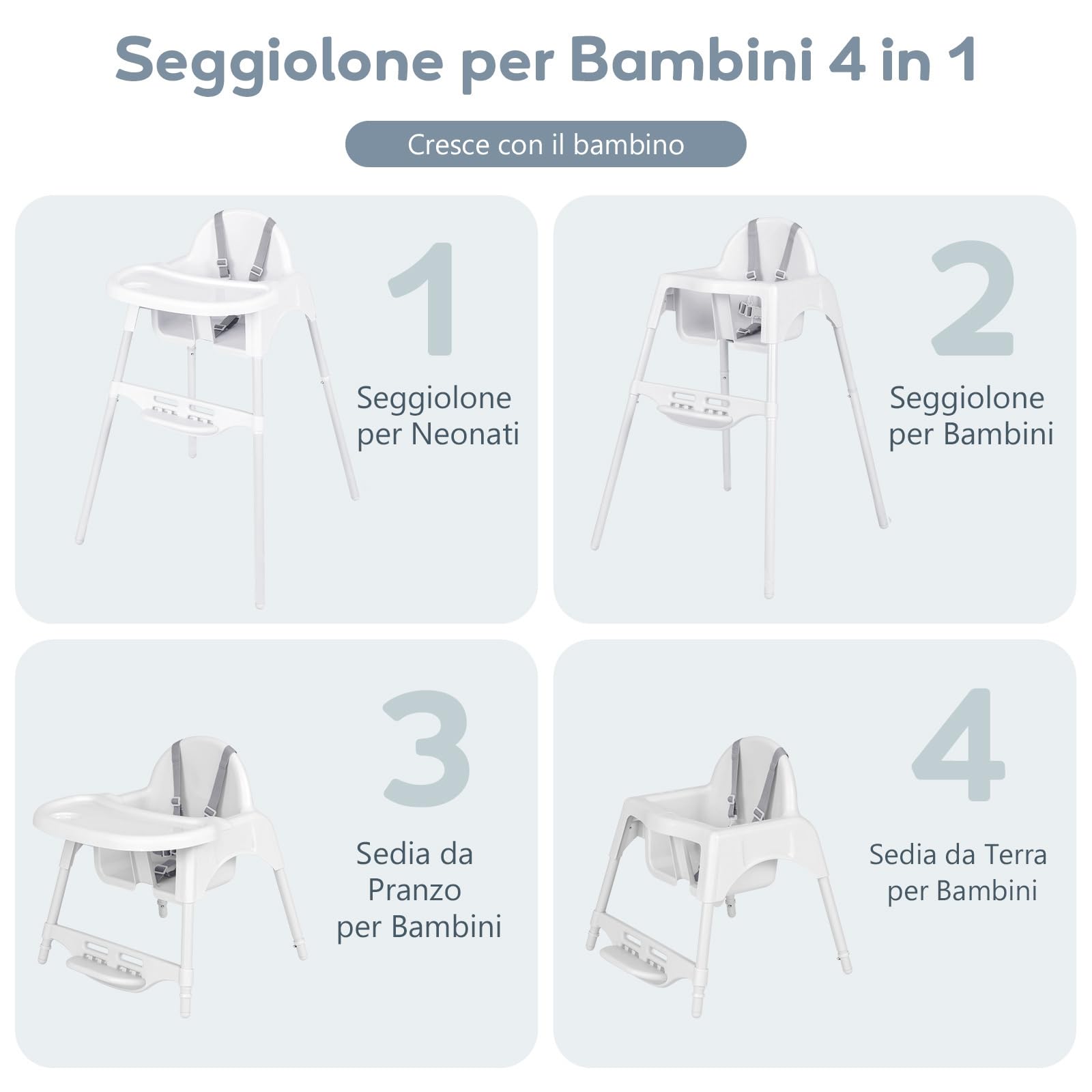 COSTWAY 4 in 1 Seggiolone per Bambini, con Vassoio Regolabile (Bianco) | Seggiolone Papa con Poggiapiedi, Sedia da Terra per Bambini 6-36 Mesi