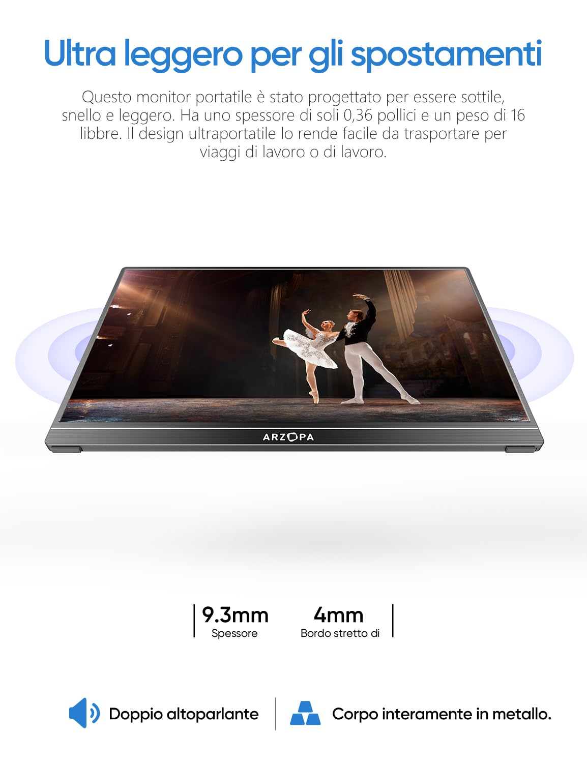 ARZOPA Monitor Portatile 15.6" 1920×1080 FHD IPS USB C HDMI Cavalletto A1