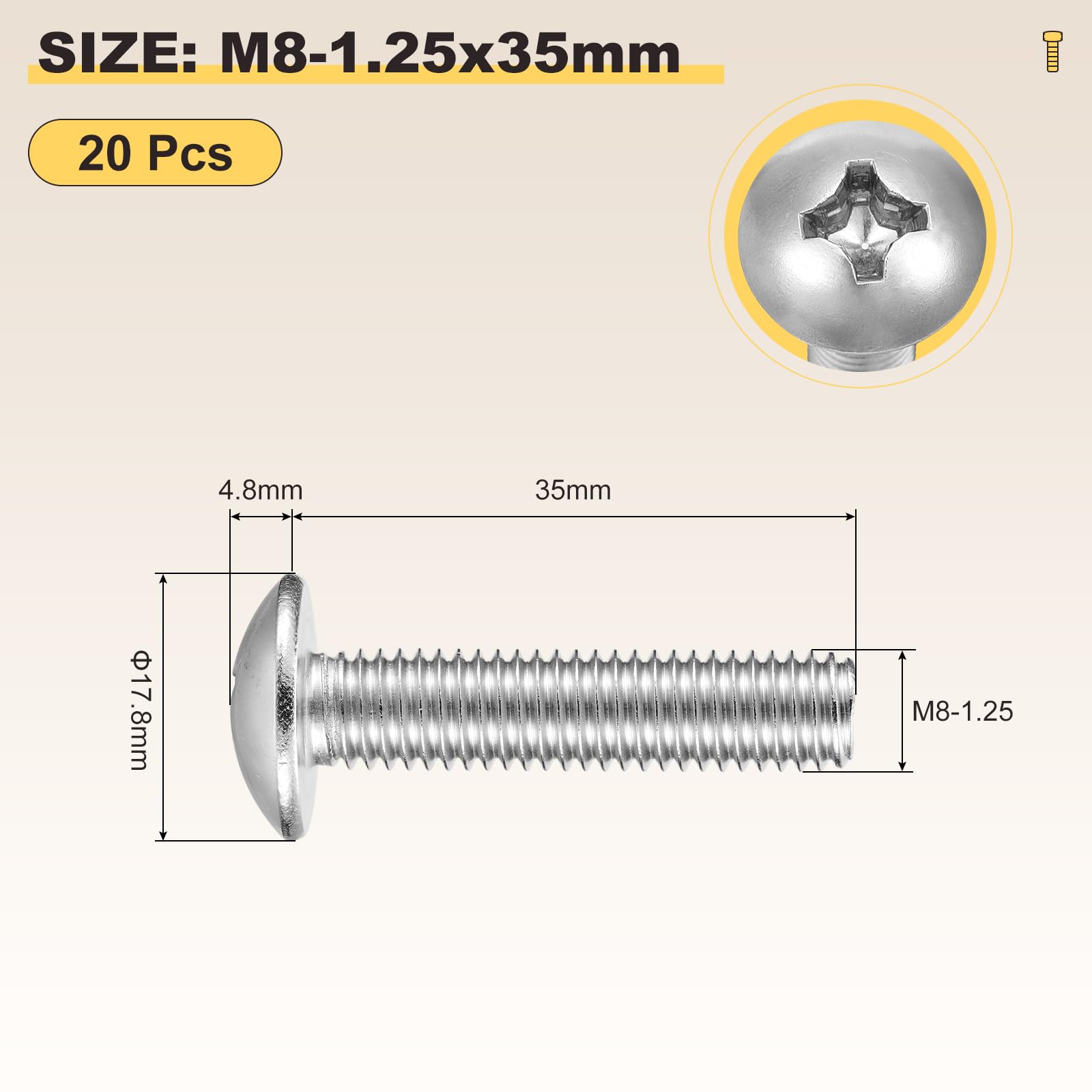 METALLIXITY Machine Screws Phillips Head(M8-1.25x35) 20Pcs, 304 Stainless Steel Round Head Phillips Drive Furniture Bolts - Image 2