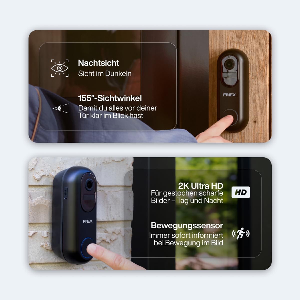 FINEX Video Türklingel, inkl. Innenklingel & Batterien, Tag- & Nachtmodus, Ohne Abonnement, Kabellose Türklingel, T-Ring-Klingelton, Video-Türklingel mit Kamera (V2)