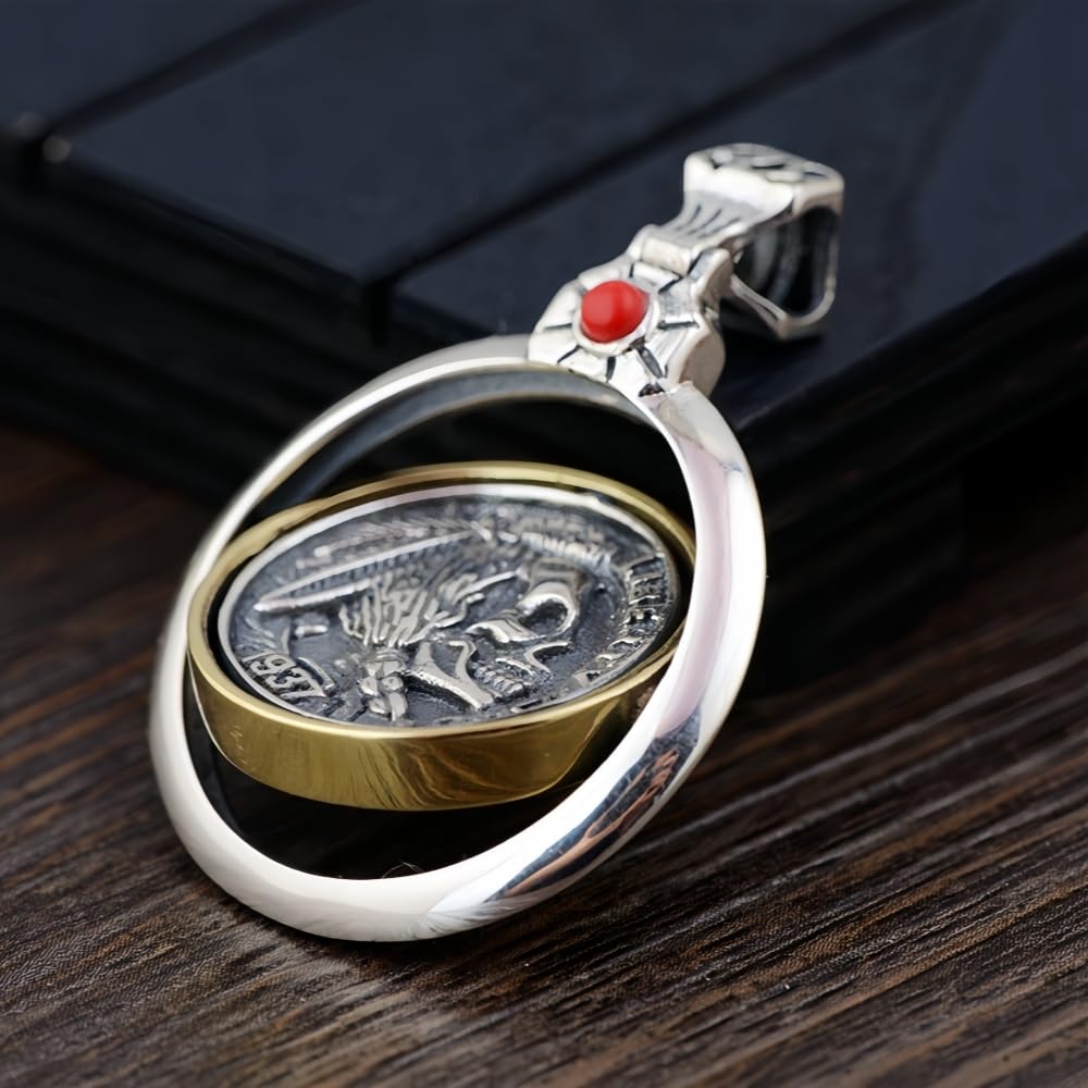 ForFox Vintage 925 Sterling Silber Indianer Totenkopf Spinner Anhänger für Herren Damen