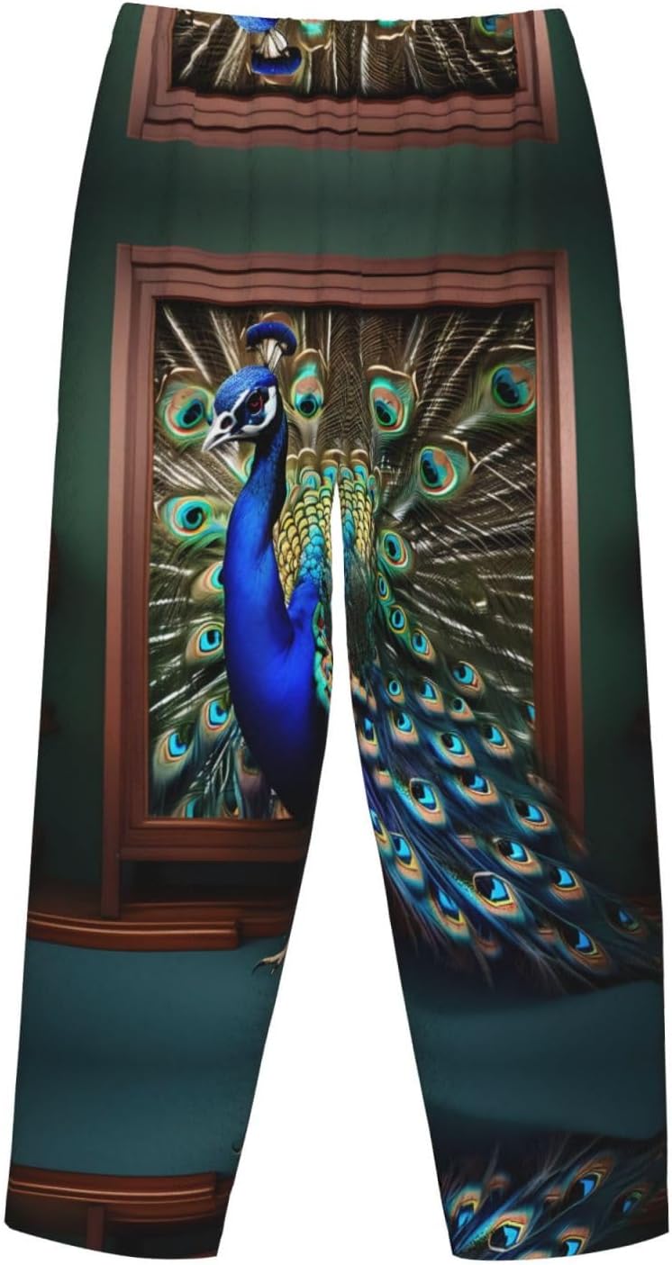 Beautiful Peacock Picture Print Cozy Flannel Pajama Pants For Women,Warm Christmas Pj Pants,Cute Fleece Pajamas
