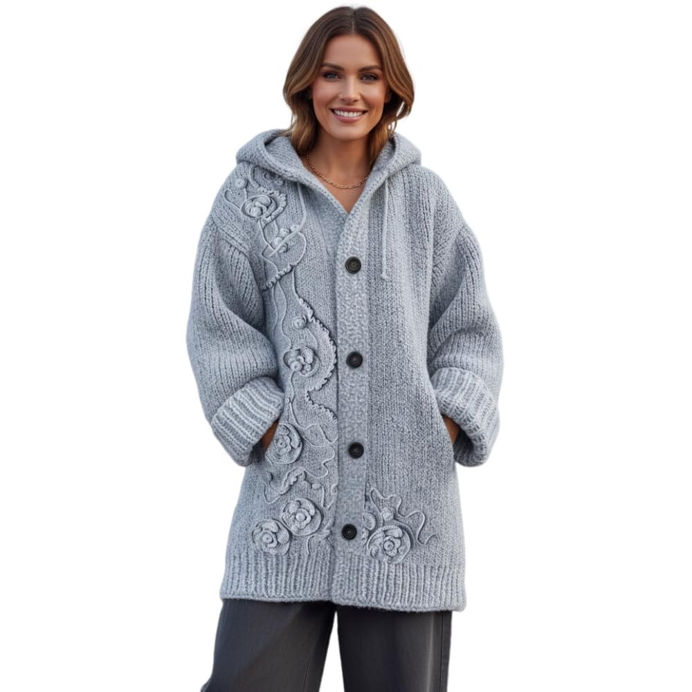 Womens Winter Floral Knit Thick Cardigan Coat Fall Drawstring Button Down Long Sleeve Warm Sweater Hoodie with Pocket