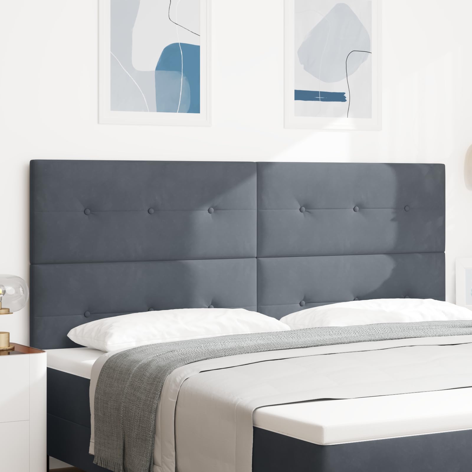 Zagłówek LED, ciemnoszary, 100 cm, aksamitny komplet pościeli z podnóżkiem i bokami, łóżko z wysokim zagłówkiem o eleganckim wzornictwie, pluszowa tkanina poliestrowa, stabilna rama drewniana