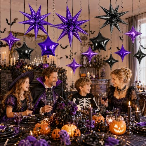 Image of Star Balloons Halloween Balloon Black Purple Explosion Stars Balloon | 22 /18 /10 In Metallic Purple Black Spike Stars Foil Balloon for Halloween Witch Themed Birthday Gradution Party Decorations