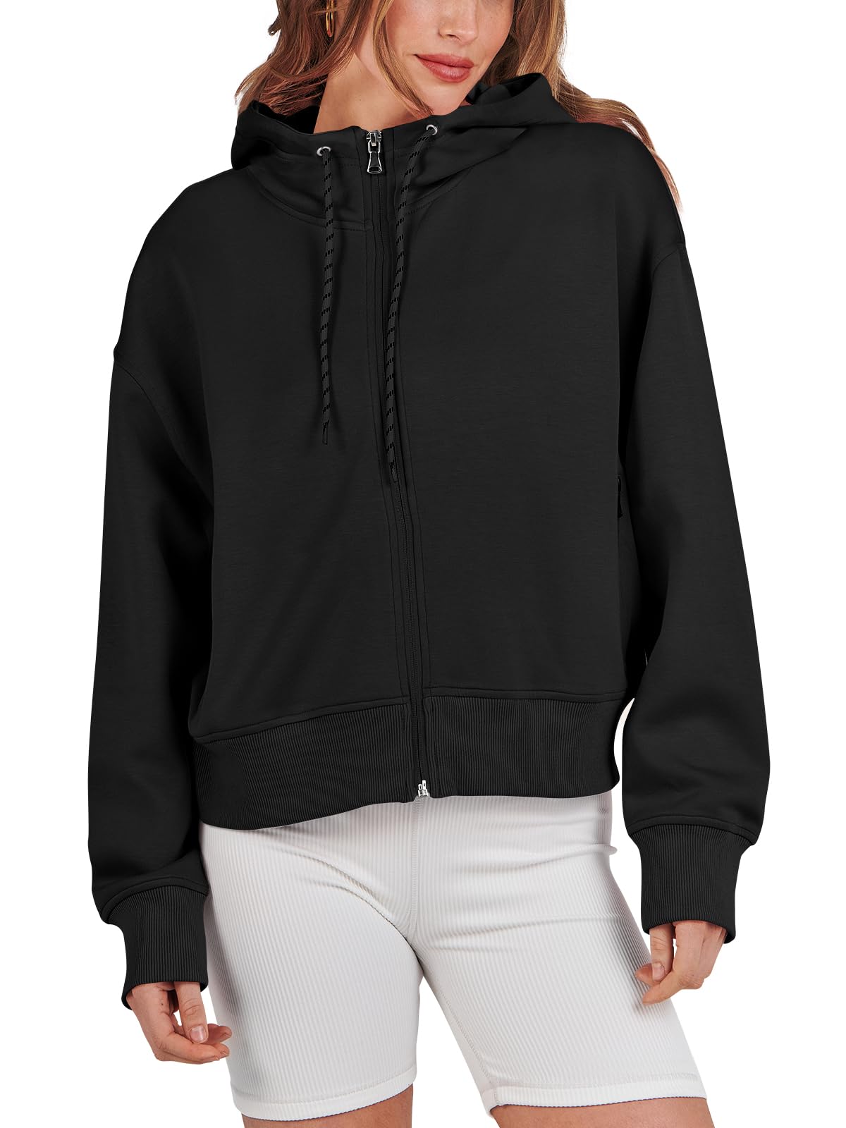 CaraciliaWomen's Zip Up Hoodies Cropped Drawstring Sweatshirts Cute Teen Girl Y2K Fall Casual Jackets with Pockets