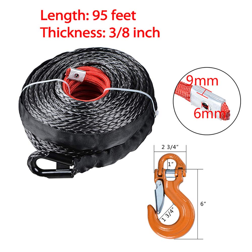 95 ft x 3/8 inch (Trong Synthetic Winch Rope Heat Guard Sleeve 20500LBs Sheath Thimble and Heavy Duty Forged Steel Grade 80 Safety Latch Clevis Yellow Hook