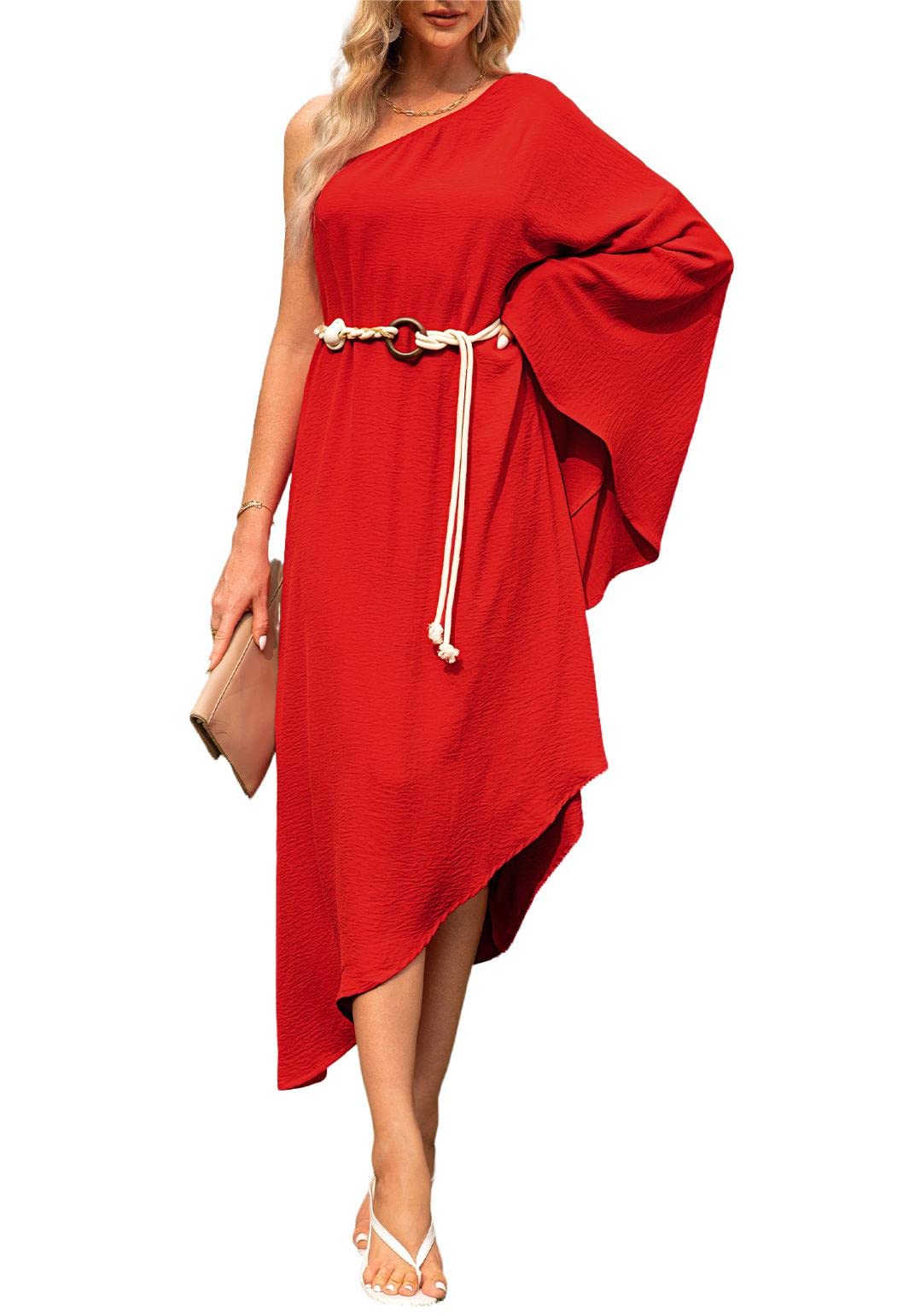 Photo 1 of BerryGo Women's One Shoulder Batwing Cape Mini Dress Leopard Colorblock Loose Casual Party Dress Medium C-solid-red