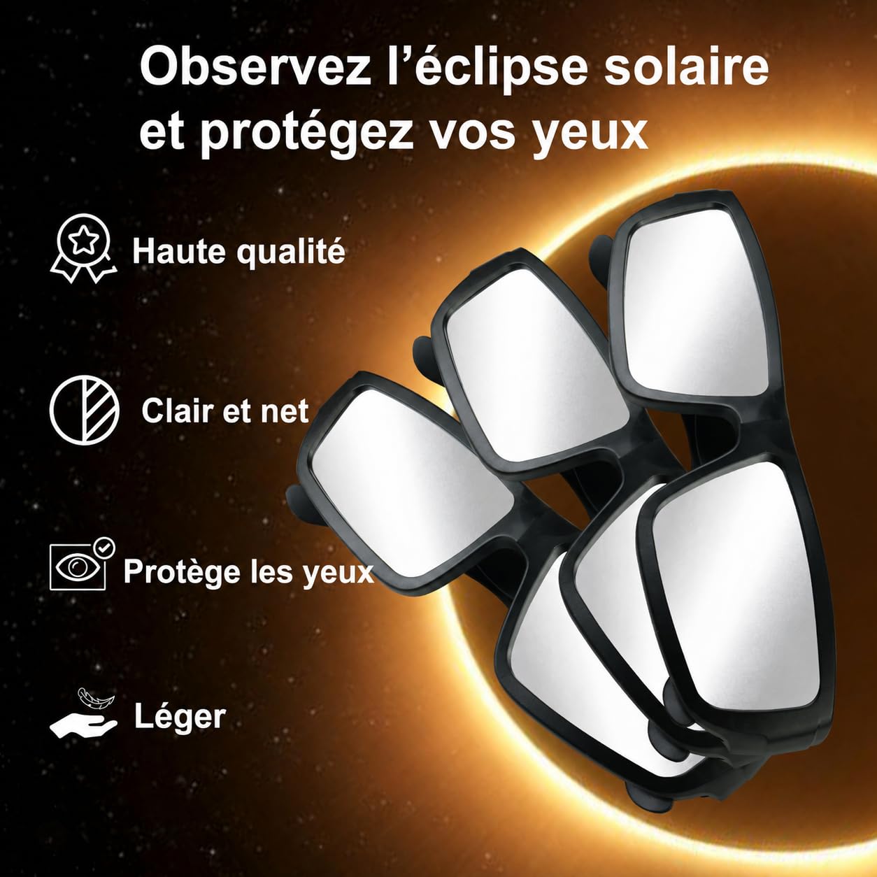 Lot de 3/6 Lunette eclipse solaire,EN ISO 12312-2:2015(E) et CE Certifiees,Approuve AAS 2026,robustes en plastique pour l’observation directe du soleil