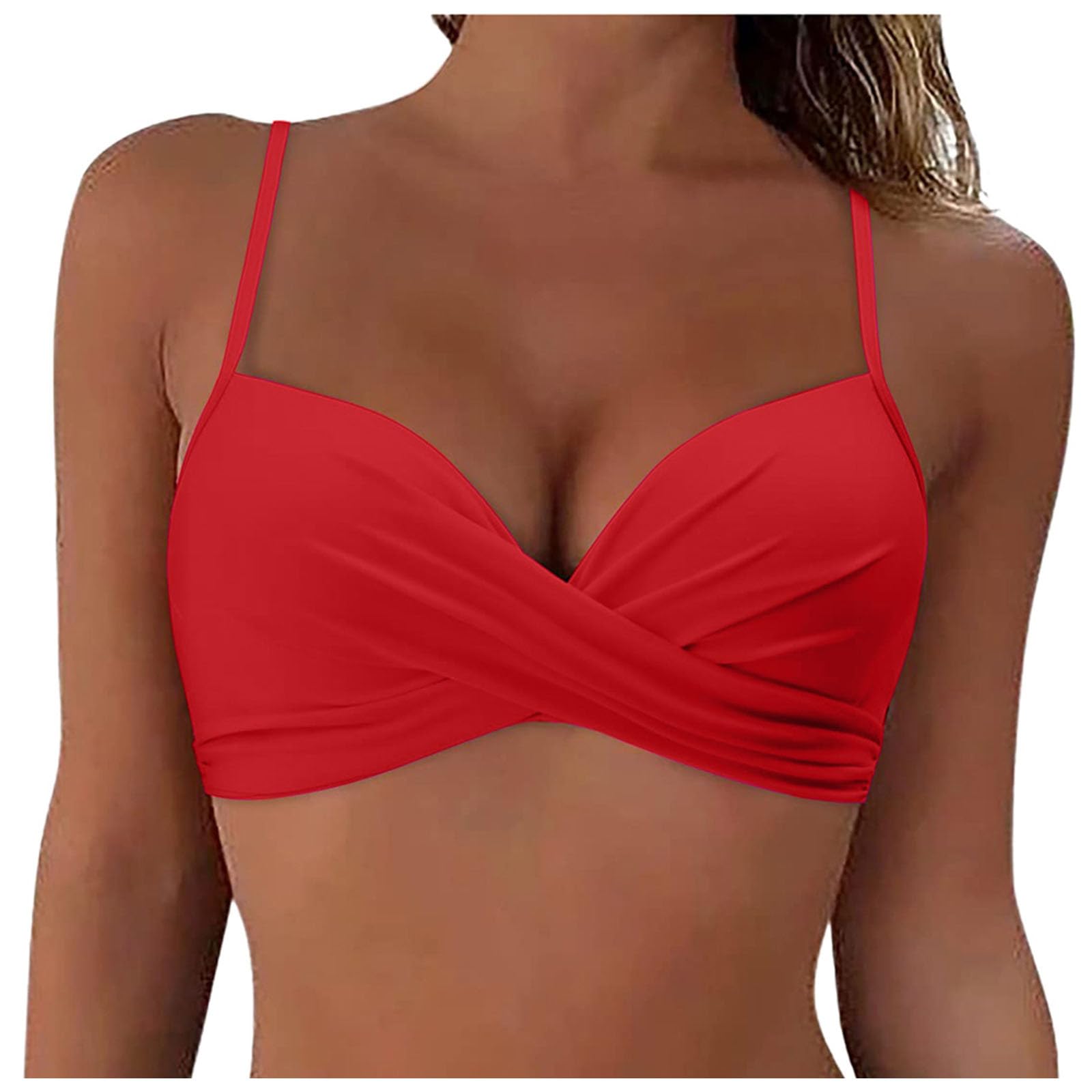 Generic 2024 - Traje de baño con ganchos de acero inoxidable para mujer, parte superior de bikini de cobertura completa con aros, parte superior de bikini push up, top corto de natación con lazo en la