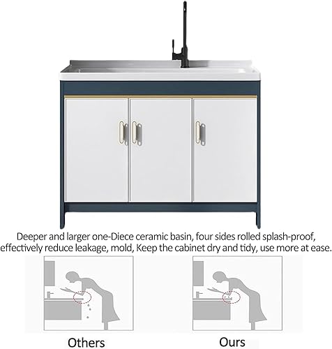 Miniatura 6 de Fregadero de lavandería con gabinete, independiente, cerámica y aluminio, 61*50*80CM, fregadero de utilidad para cuarto de lavado, baño, al aire