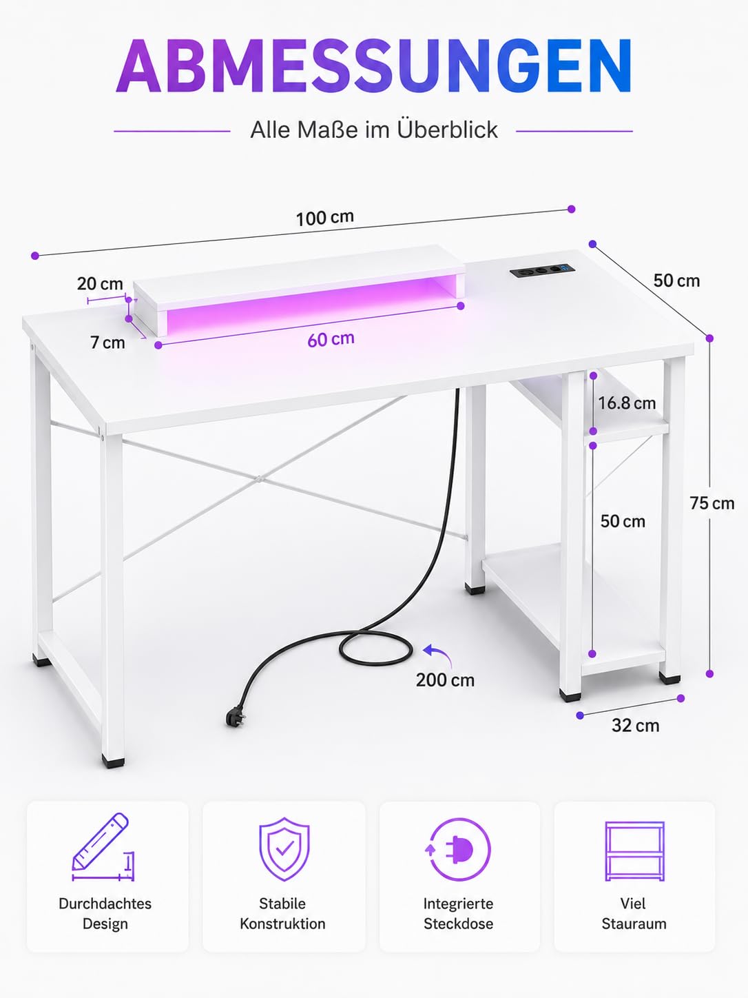 iSunirm Gaming Tisch 100x50cm Weiß mit LED & 2 Steckdosen + 2 USB, Computertisch mit Monitorständer, Wendbarer Kleiner Tisch für Homeoffice & Gaming Room Gaming Schreibtisch