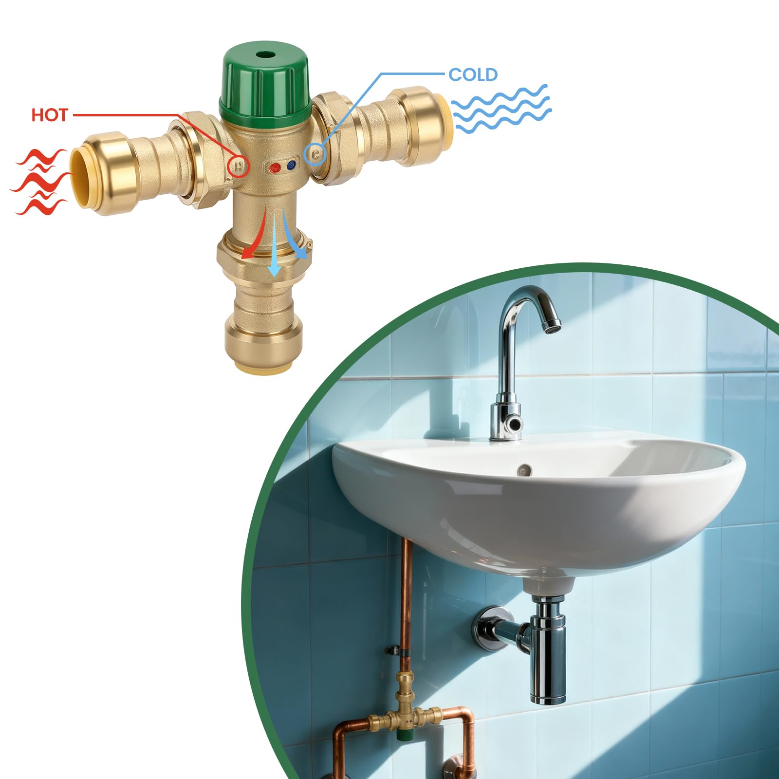 Válvula mezcladora termostática de latón de 3/4 pulgadas con conexiones de unión, compatible con accesorios SharkBite Copper, CTS, CPVC, SDR-9 HDPE y PEX