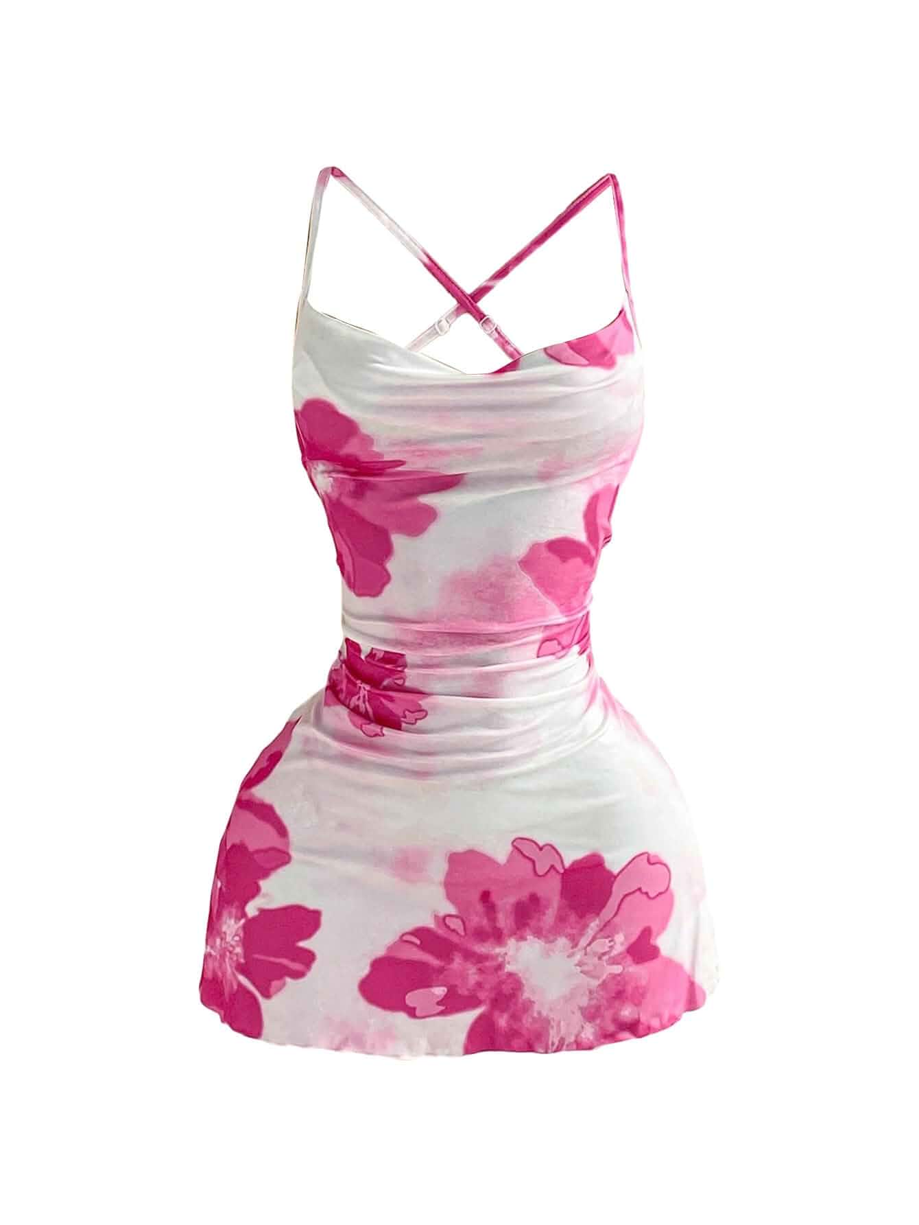 RoseSeek Y2K Cute Print Cowl Neck Halter Spaghetti Strap Mini Dress Ruched Front Bodycon, Cocktail, Summer, Floral Dresses for Women