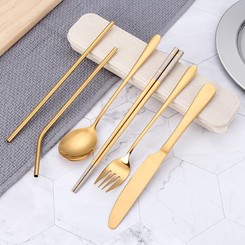 Juego De Cubiertos De Plata, 6/24/36/48/60/72 Piezas, De Acero Inoxidable 304, Portátil, con Pajita, Ideal para Viajes, Camping, Estudiantes, Cuchillo, Tenedor,Black-48 Pieces for 8