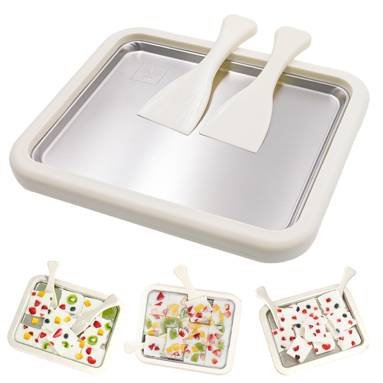 Livoanah Rolled Ice Cream Maker - Instant Ice Cream Roller Tray, Stainless Steel Instant Freeze Plate with 2 Scrapers, DIY Parent-Child Time (Off White, 10.43in X 8.46in)