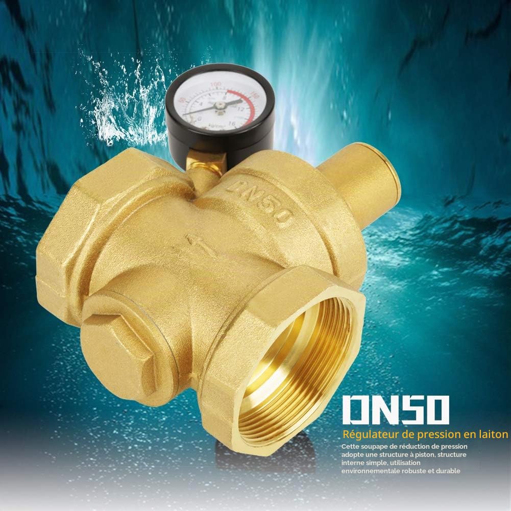 DN50 Régulateur de pression d'eau, Vanne de réduction de pression, Vanne de réduction d'eau réglable en laiton avec Manomètre Compteur 1,6 MPa, Pour L'équipement D'alimentation En Eau Du Robinet