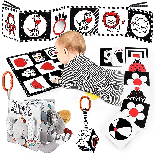 Image of DRAMATION 24 Pcs Black and White Baby Toys 0 3 6 Months, High Contrast Baby Toys for Newborn, Montessori Tummy Time Mirror Toys for Babies 0-3 3-6 Months, Baby Sensory Book for Brain Development