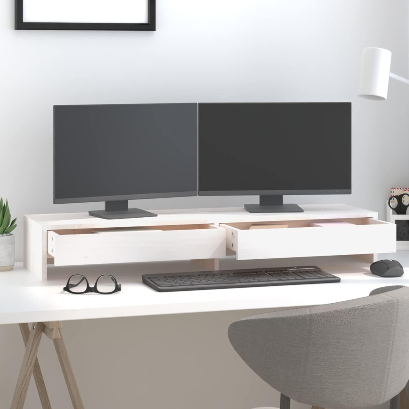 ShGaxin Stojak na monitor, stojak na ekran komputera, akcesoria biurowe, stojak na monitor biurko, podstawa monitora, akcesoria biurkowe, lite drewno sosnowe białe 100 x 27 x 15 cm