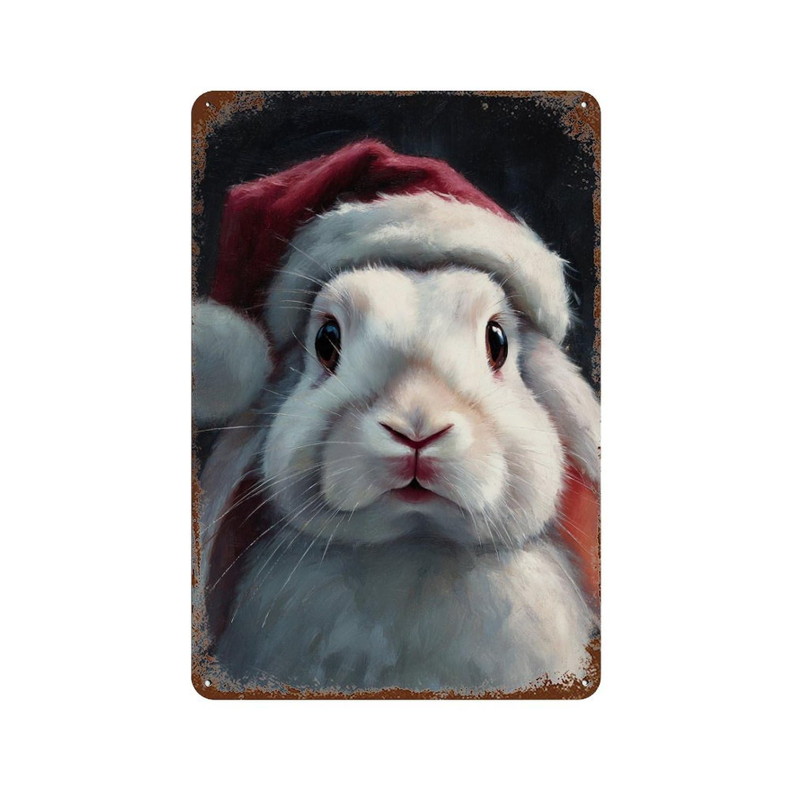 Christmas Bunny with Santa Hat Rust Effect Tin Sign 11.8"x7.9", Vintage Wall Decor for Pub, Kitchen And Man Cave Decor